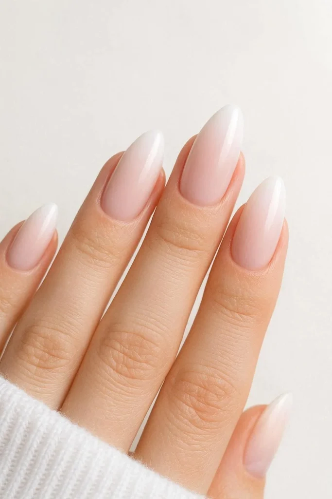 Winter ombre wedding nails blush pink to snowy white gradient