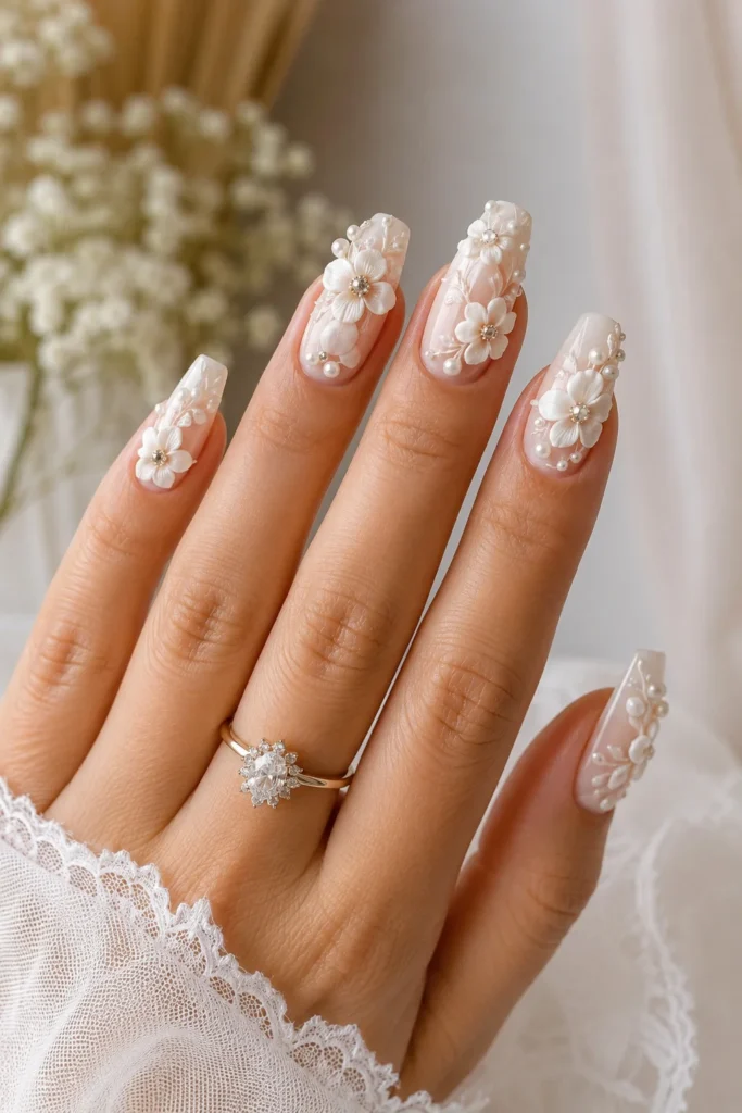 Raised 3D white floral bridal wedding nails