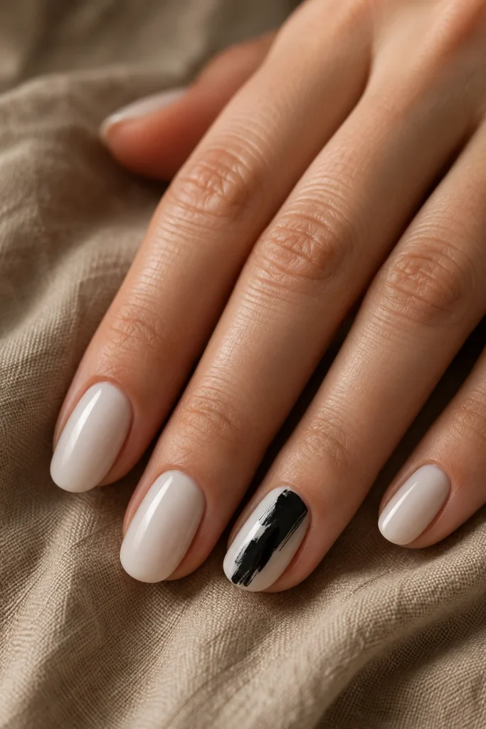 Abstract brush stroke accent nail design on white manicure