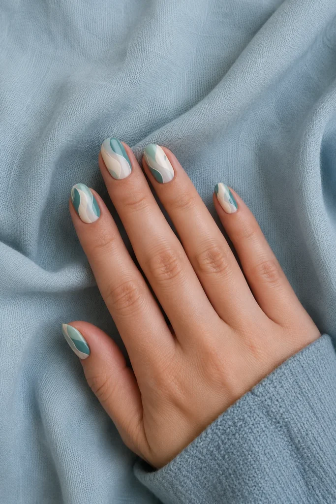 Abstract wave pattern brush nail design in teal and cream