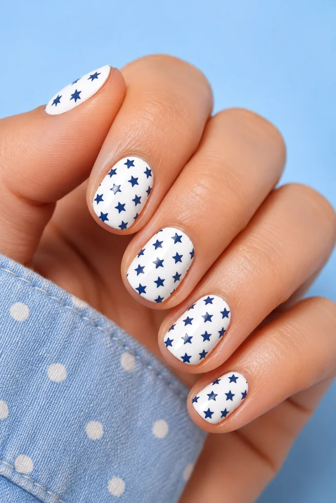 White nails with repeating navy blue star pattern