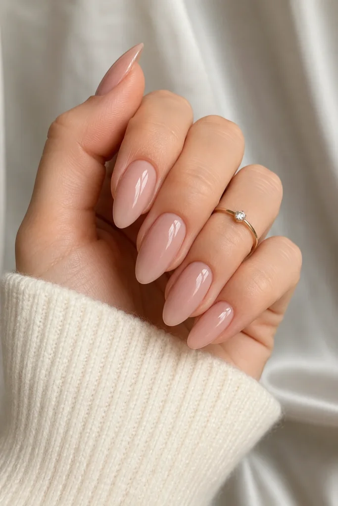Almond shaped dip powder nails elegant glossy manicure