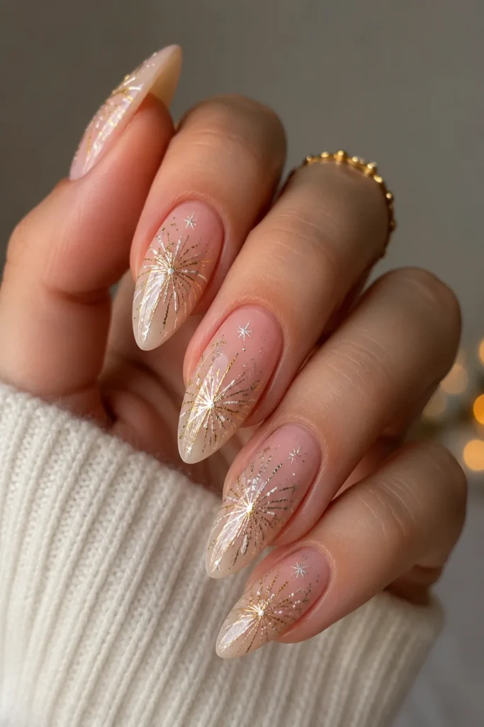 Almond shaped nails with metallic starburst firework design