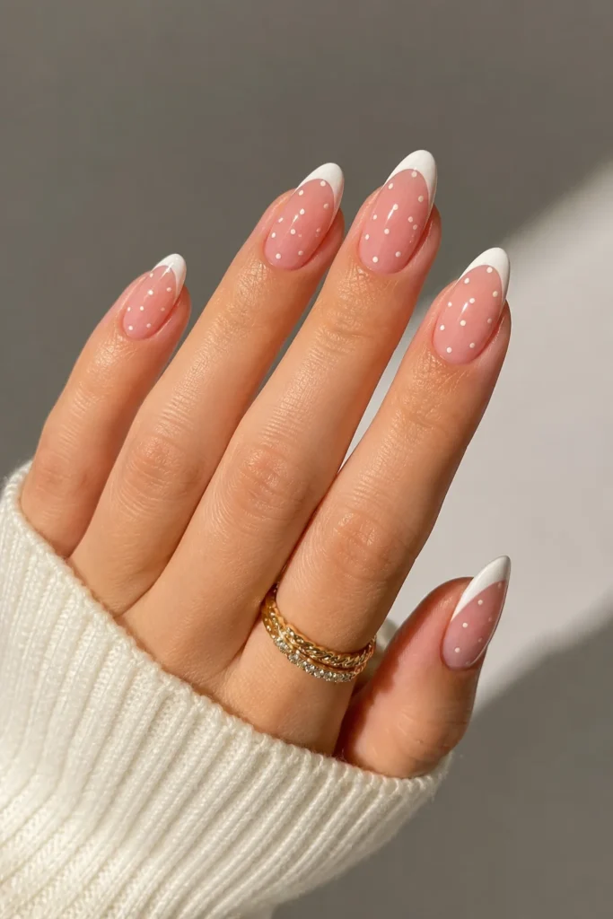 Almond shaped French tip nails with polka dots