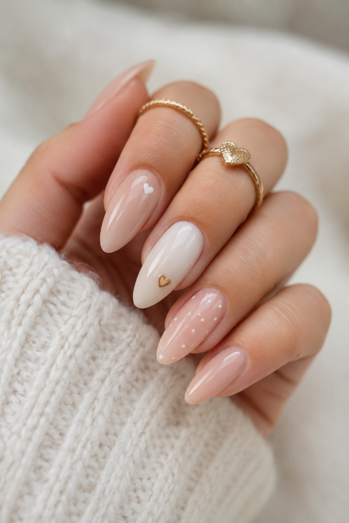 Almond shaped nails neutral elegant baby shower manicure design