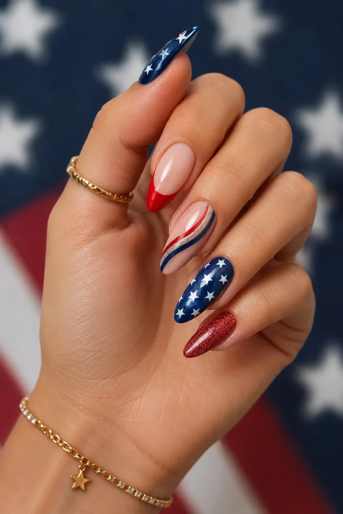 almond nails with red and blue detailing
