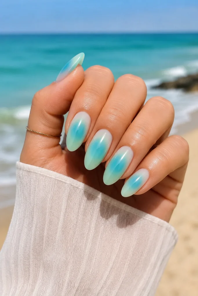 aqua mint tropical lagoon aura nail design