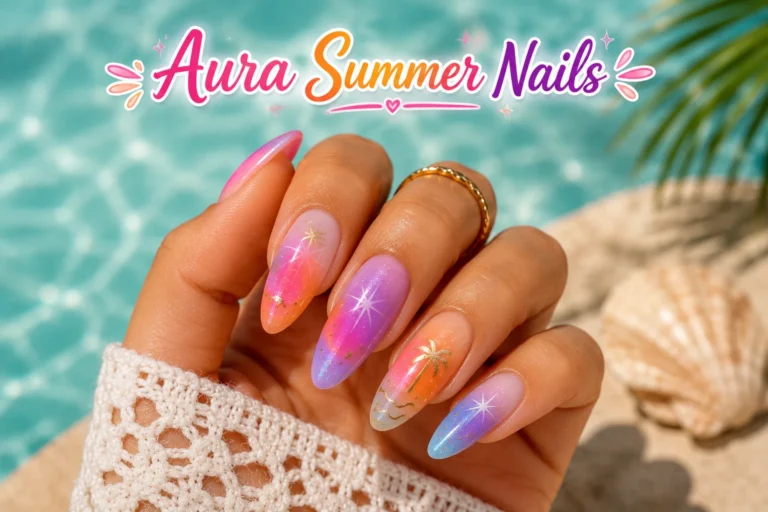 Bright aura summer nails with dreamy colorful gradients