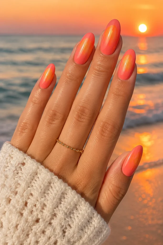 coral peach yellow sunset aura summer nail design