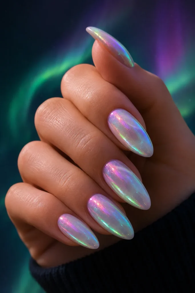 Aurora shimmer nails with magical color shifting finish