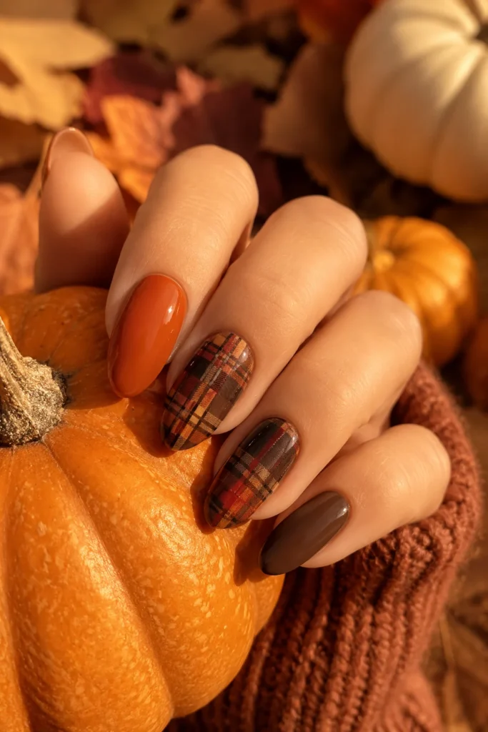 Burnt orange plaid nails with warm fall colors