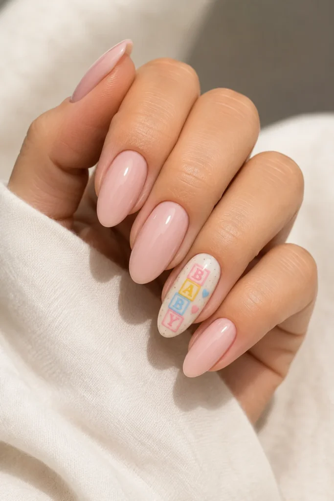 Baby blocks nail art nursery themed shower manicure design