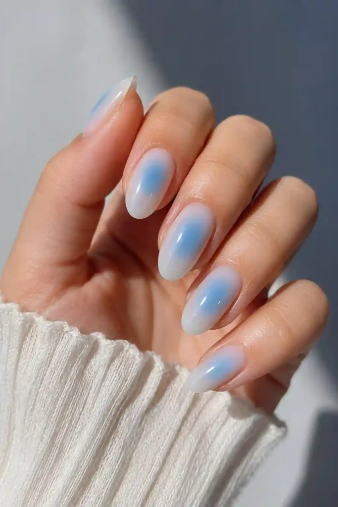 Baby blue aura nails soft sky glow spring manicure