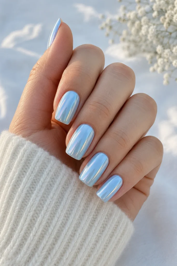 Baby blue chrome nails modern shiny shower manicure design
