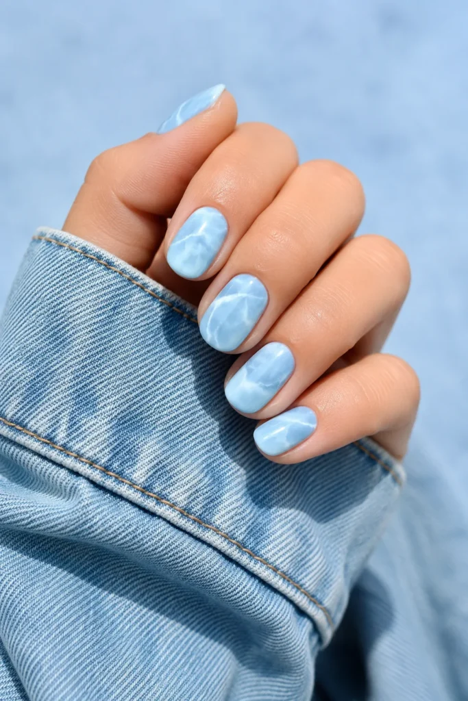 Baby blue sky marble nail design