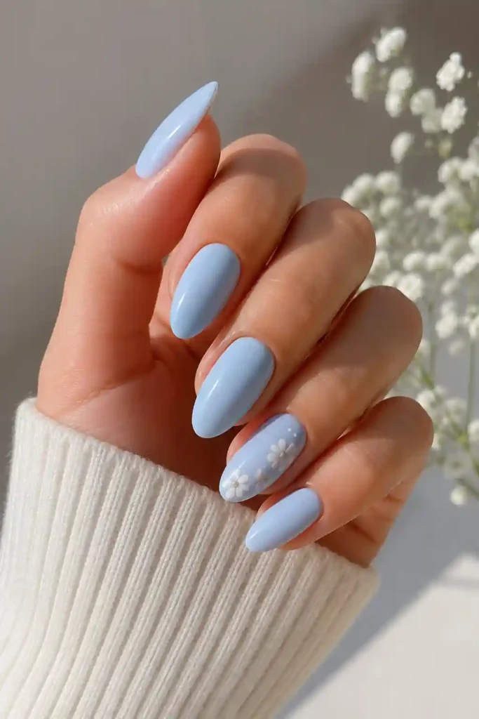 Airy baby blue pastel nails perfect for bright spring days
