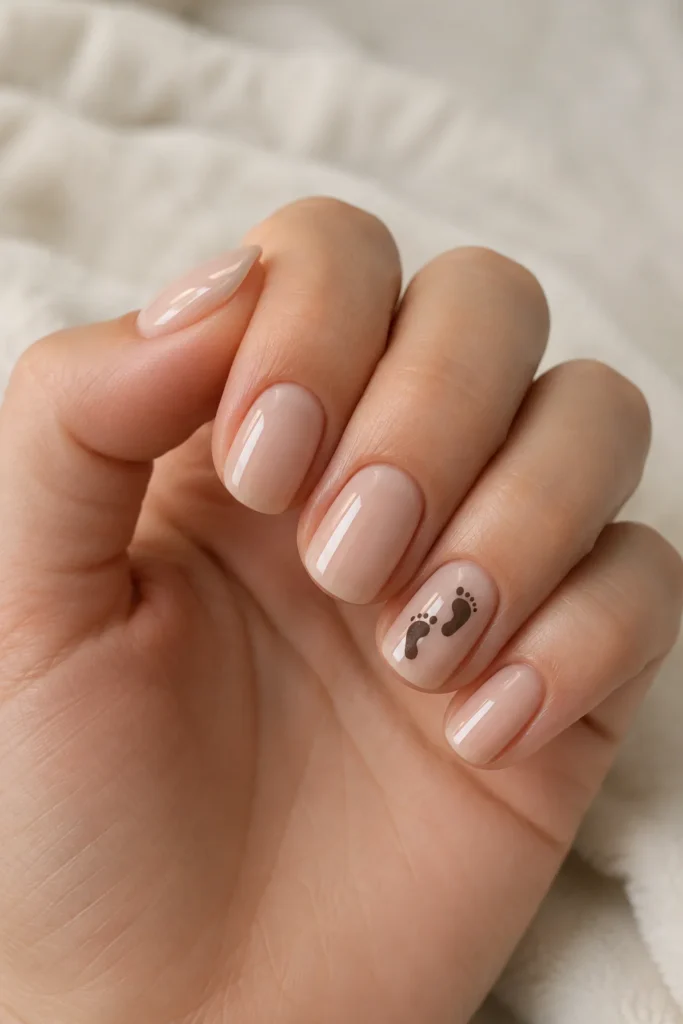 Tiny baby footprint nails minimal nude shower manicure design