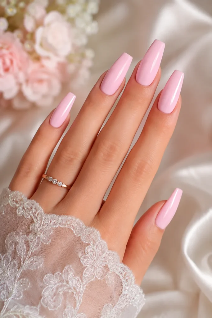 Baby pink coffin shaped bridal nails