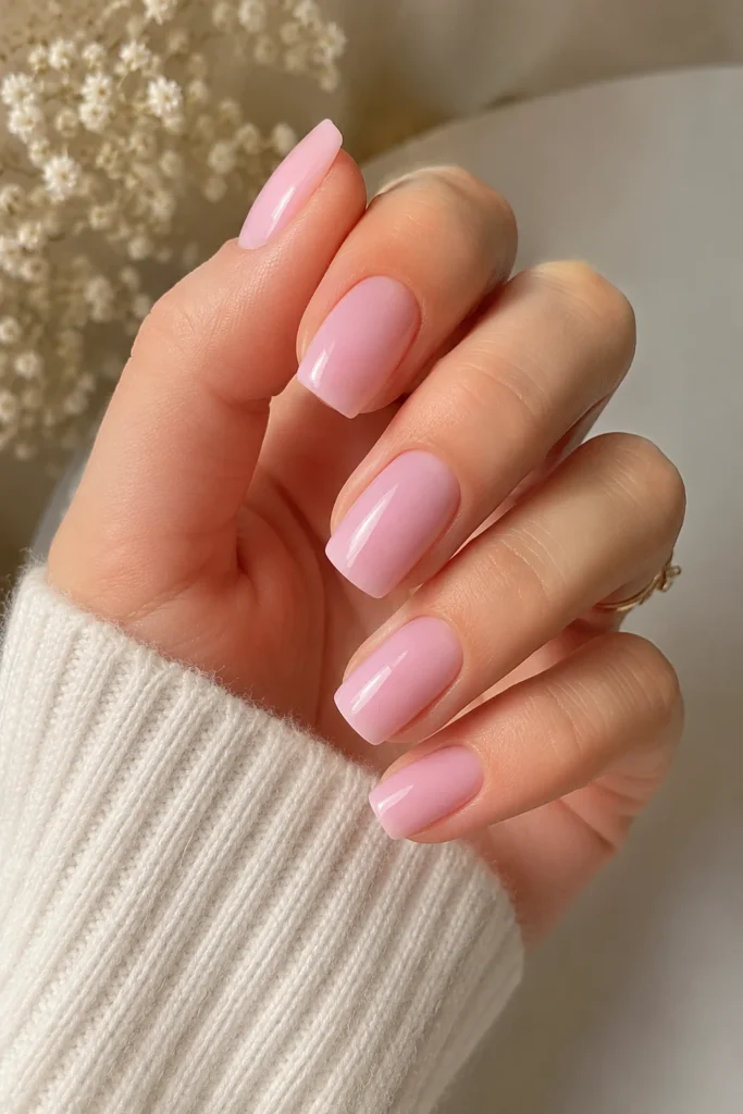 Glossy baby pink dip powder nails feminine manicure