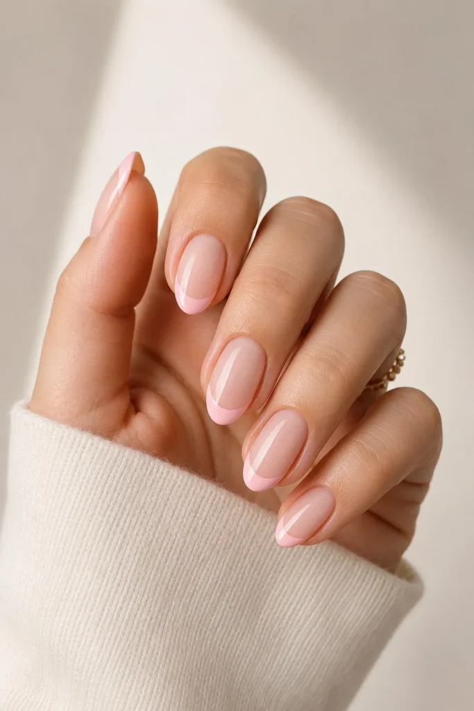  Soft blush pink French tips on oval nails