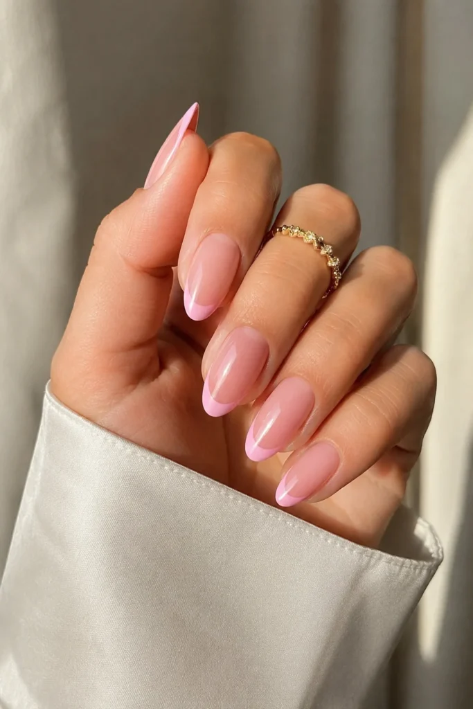 Baby pink french tip nails delicate pastel shower manicure
