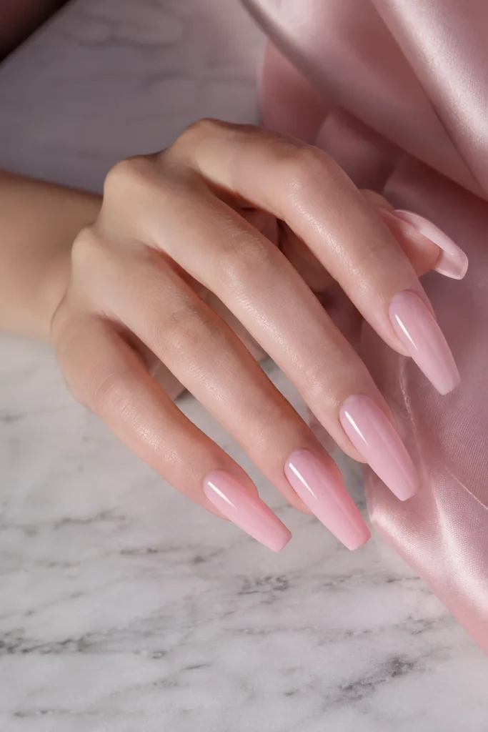 Glossy ballet pink ballerina nails with a classic finish
