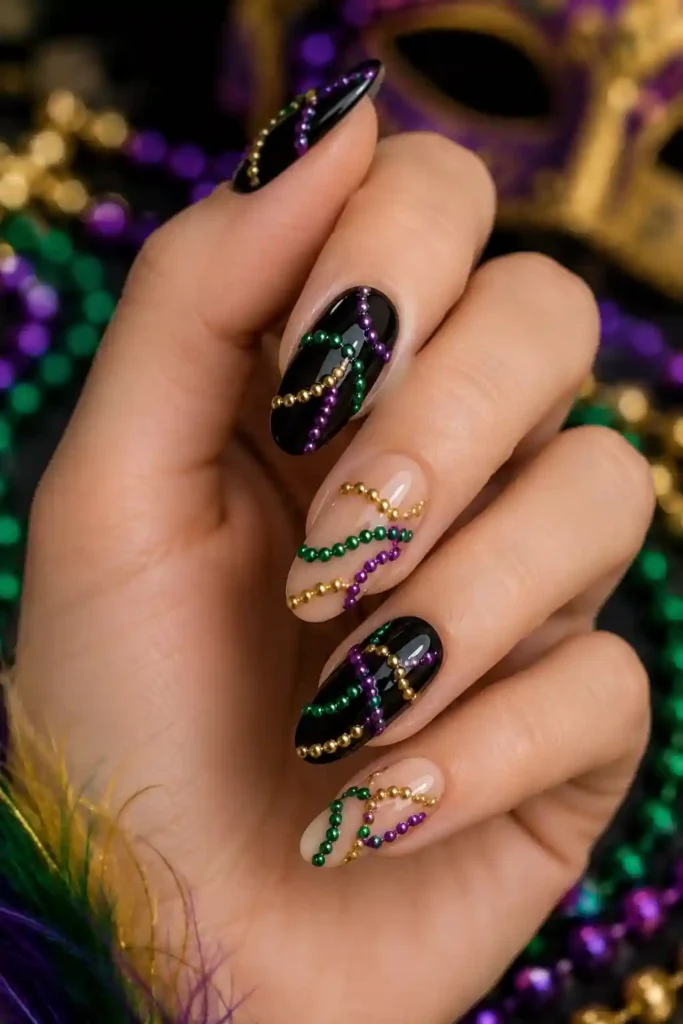 Mardi Gras bead inspired nail art in festive colors