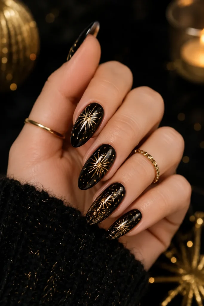 Elegant black nails decorated with luxurious gold firework art