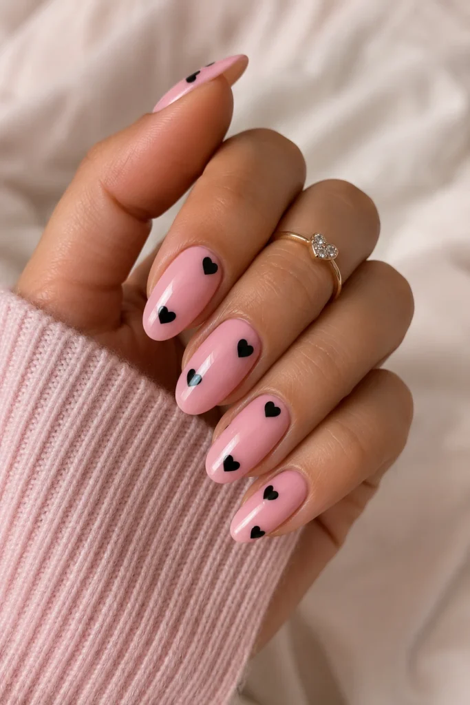 Black heart nail art on glossy pink nails