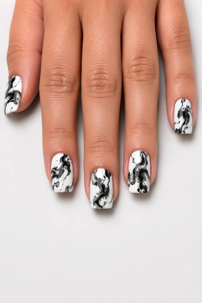 Black and white ink blot marble nail design