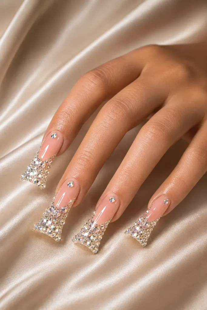 Sparkling bling duck nails covered with rhinestones and crystals