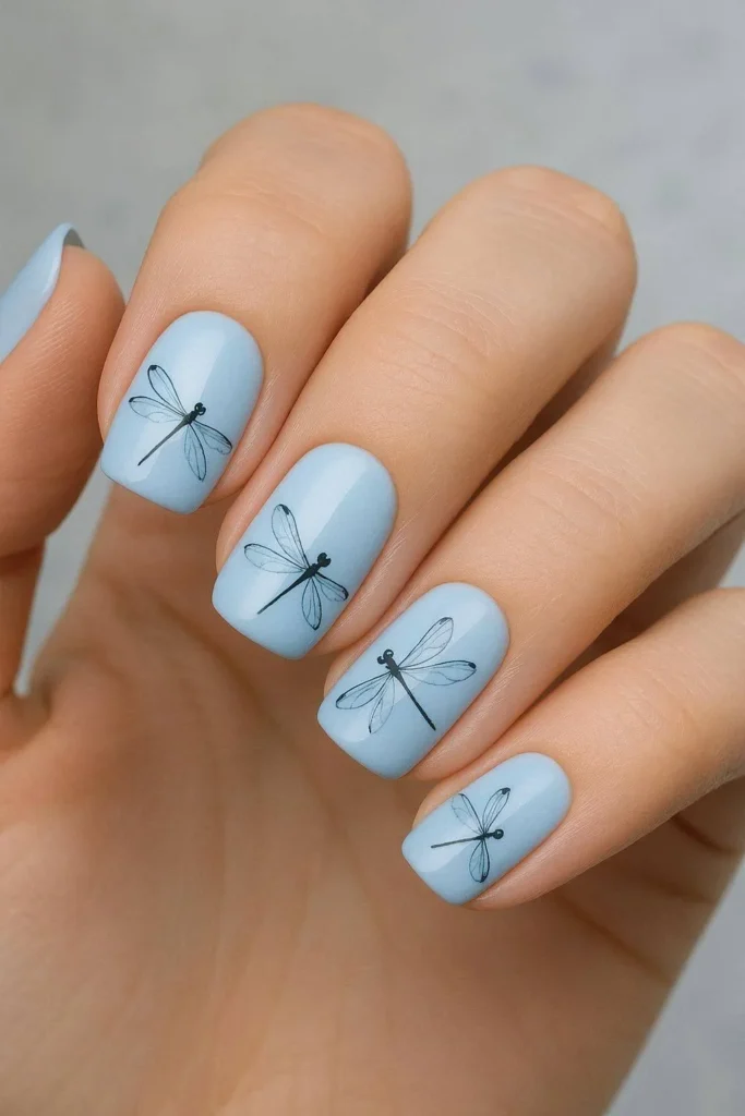 Sky blue nails featuring delicate dragonfly illustrations