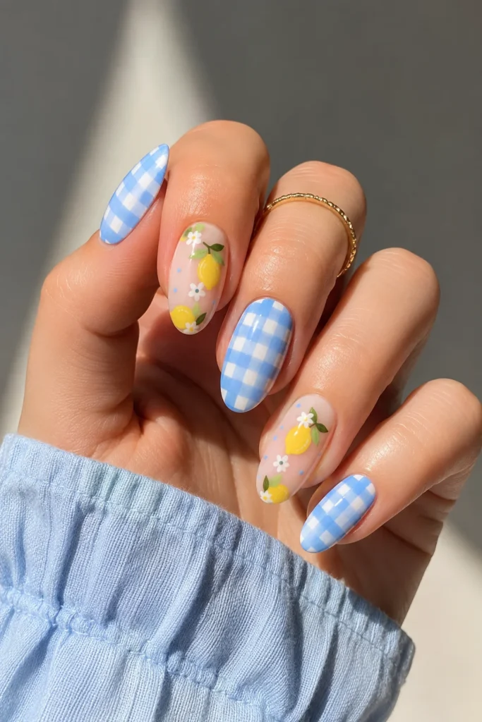 Blue gingham pattern nails with tiny lemon accents