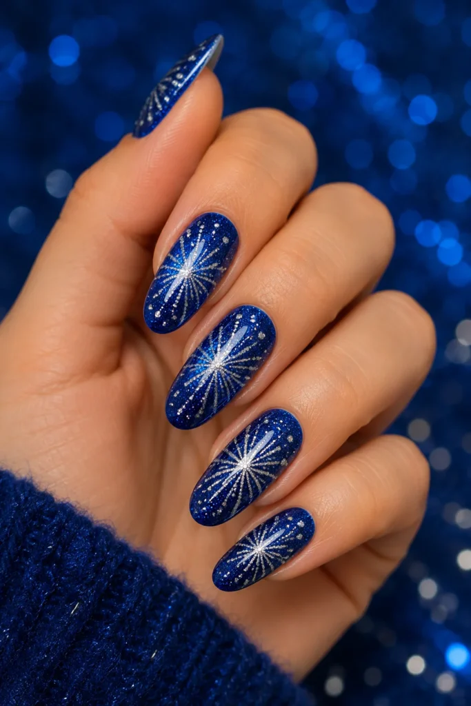 Royal blue nails with silver glitter firework explosions