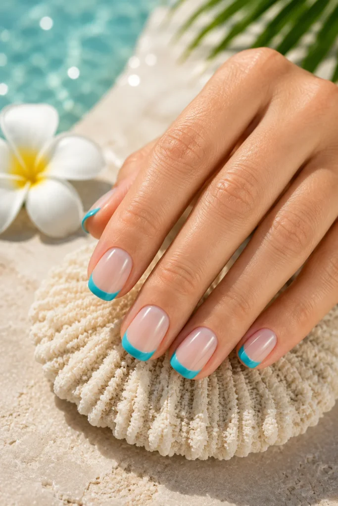 Blue lagoon French manicure with vibrant turquoise nail tips