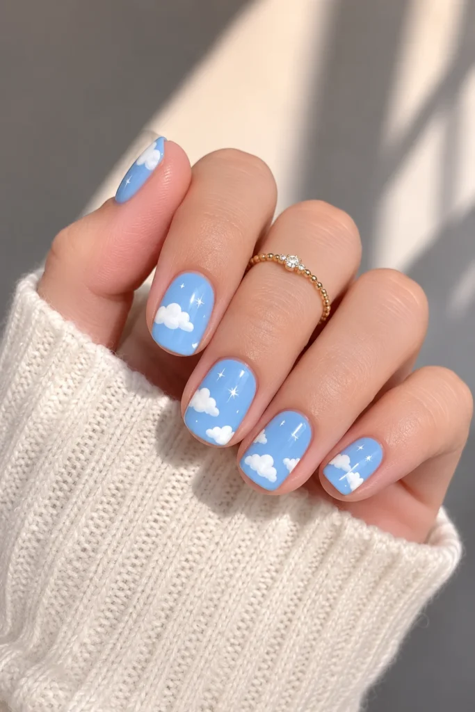 blue sky cloud short nails
