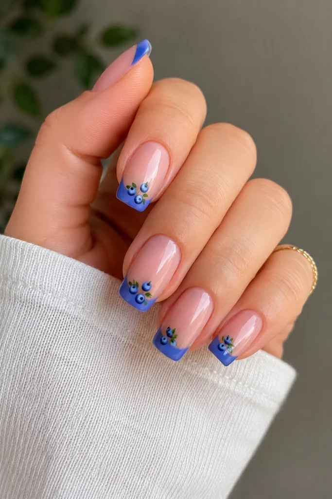 Blue French tip nails with blueberry cluster details