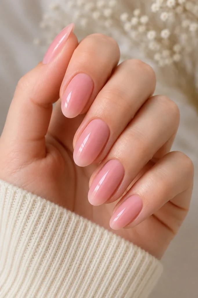 Glossy blush pink oval bridal nails