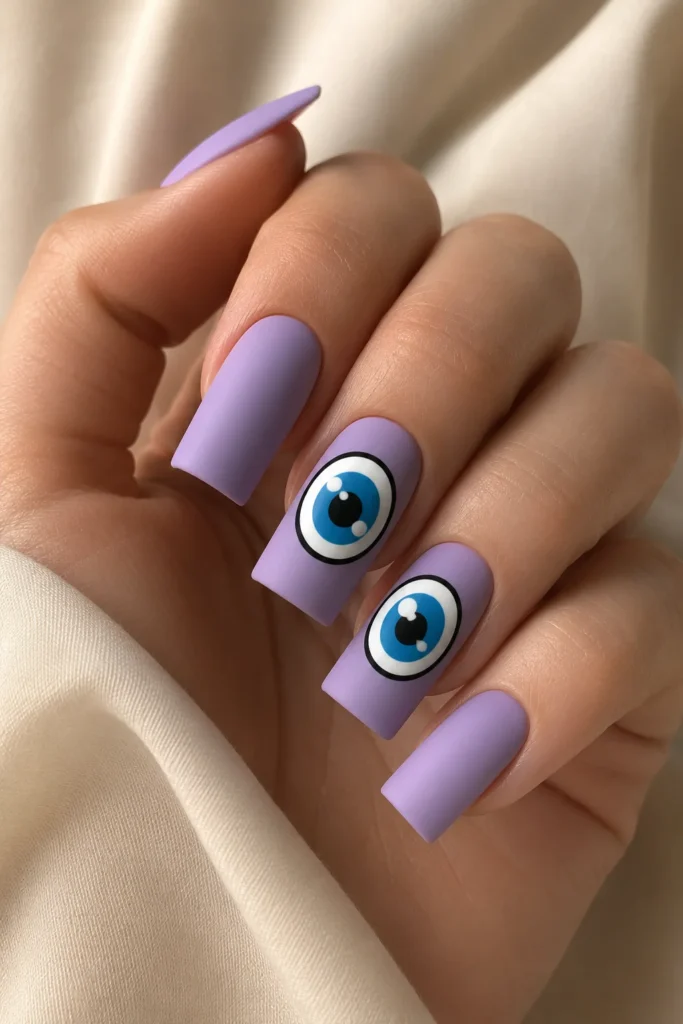 Bold cartoon eye nail art with black outlines on lavender nails