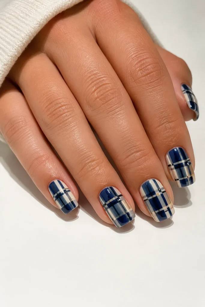 Bold square tip plaid nails in navy and cream