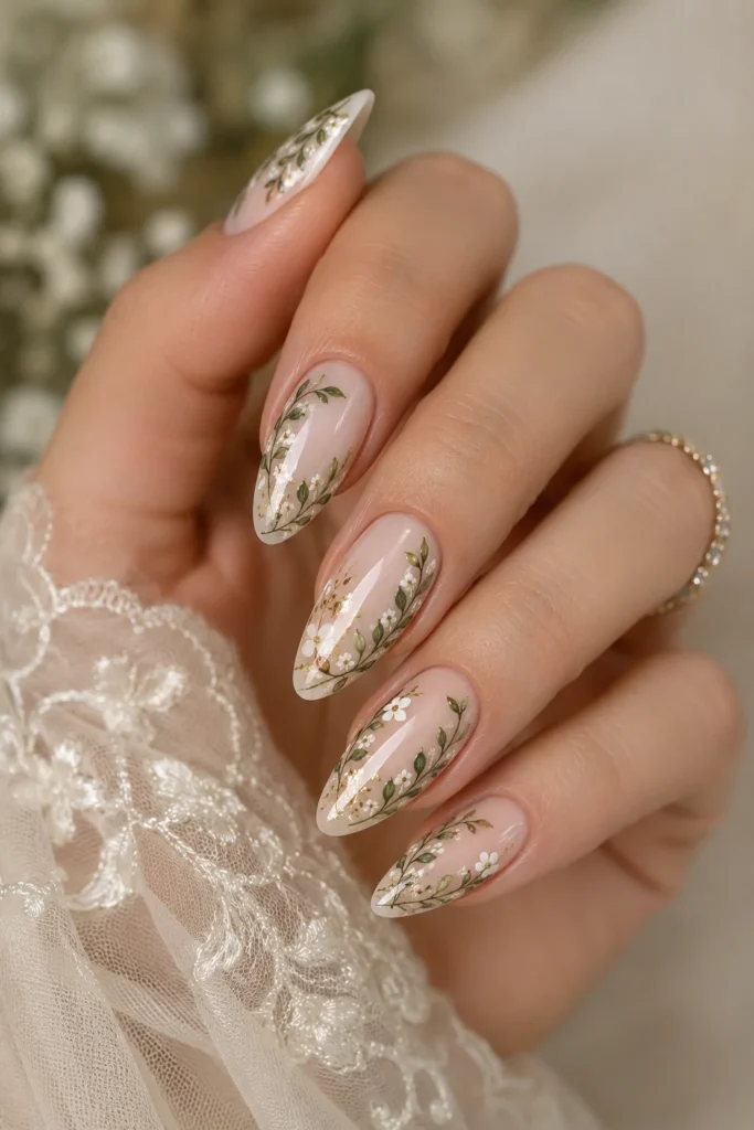 Tiny leafy branch botanical bridal wedding nails