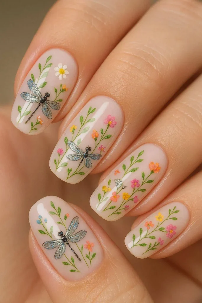 Botanical nails with dragonflies leaves and floral vines