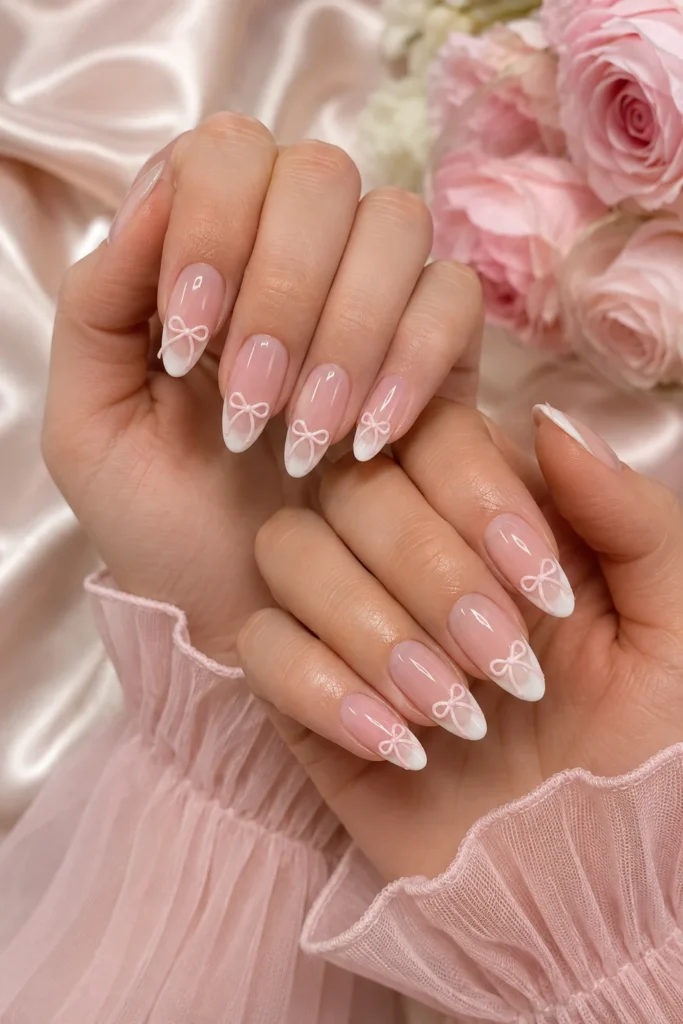 Cute bow details on glossy French tip nails
