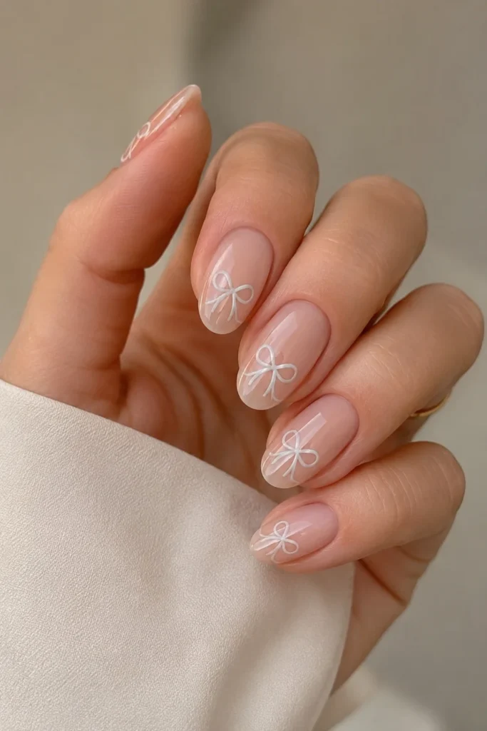 Bow nail design tiny ribbons feminine shower manicure