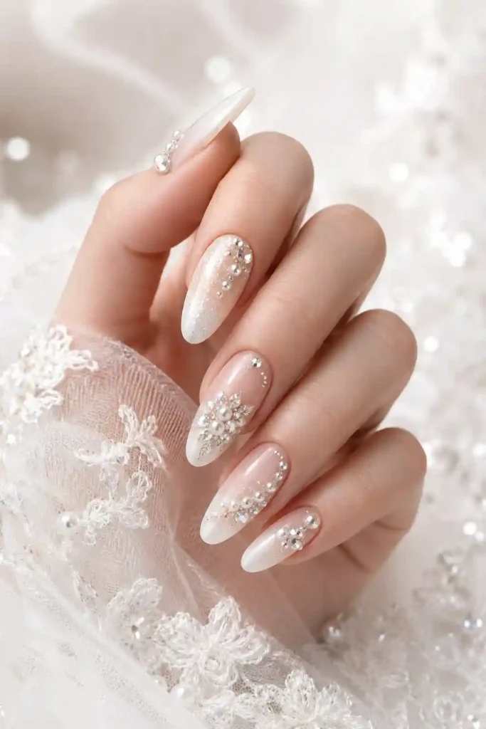Elegant bridal nails with pearls and crystals for wedding day