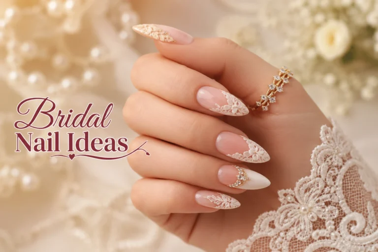 Elegant bridal nail ideas with white floral wedding manicure