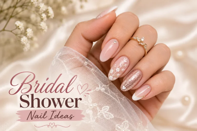 Elegant bridal shower nail ideas with floral nude manicure