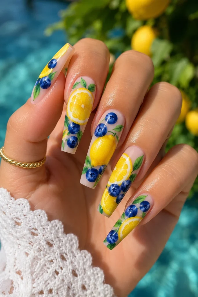Long coffin nails with oversized lemon blueberry art