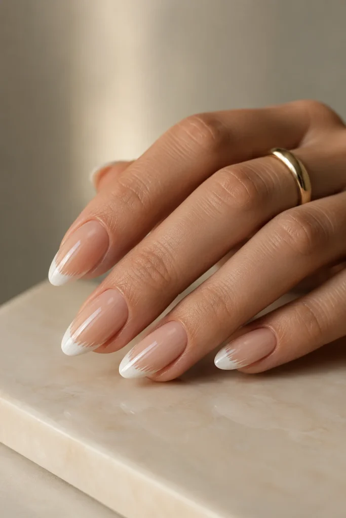 Brushed French tip nail design with textured white tips