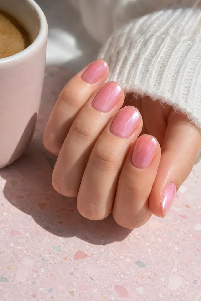 Bubblegum pink glazed nails with pearly glossy shine